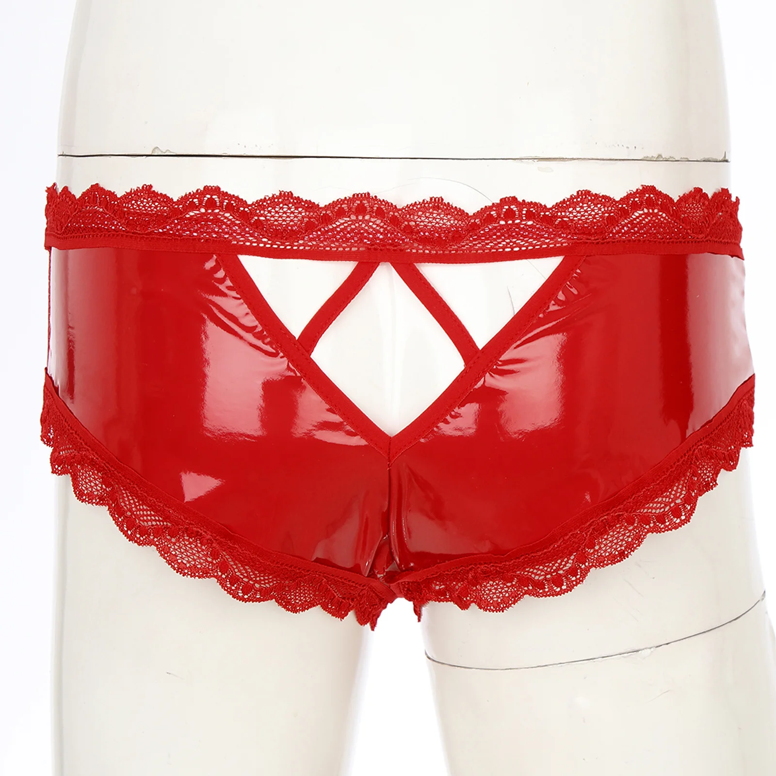 Men's Wet Look PVC Leather Underpants Sexy Lace Open Crotch Briefs Underwear Sissy Panties Male Gay Lingerie Nightwear