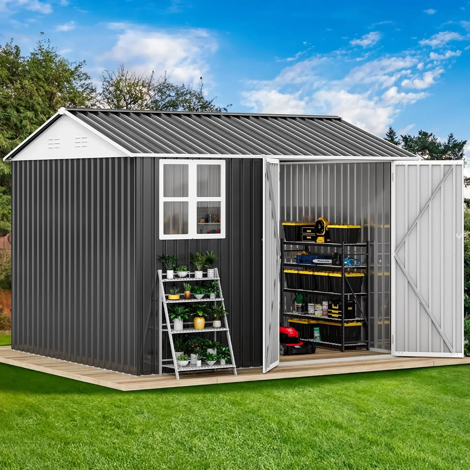 

10' x 8' Outdoor Storage Shed, Waterproof Metal Garden Shed with Windows, Lockable Doors, and Sloped Roof for Patio, Backyard, L