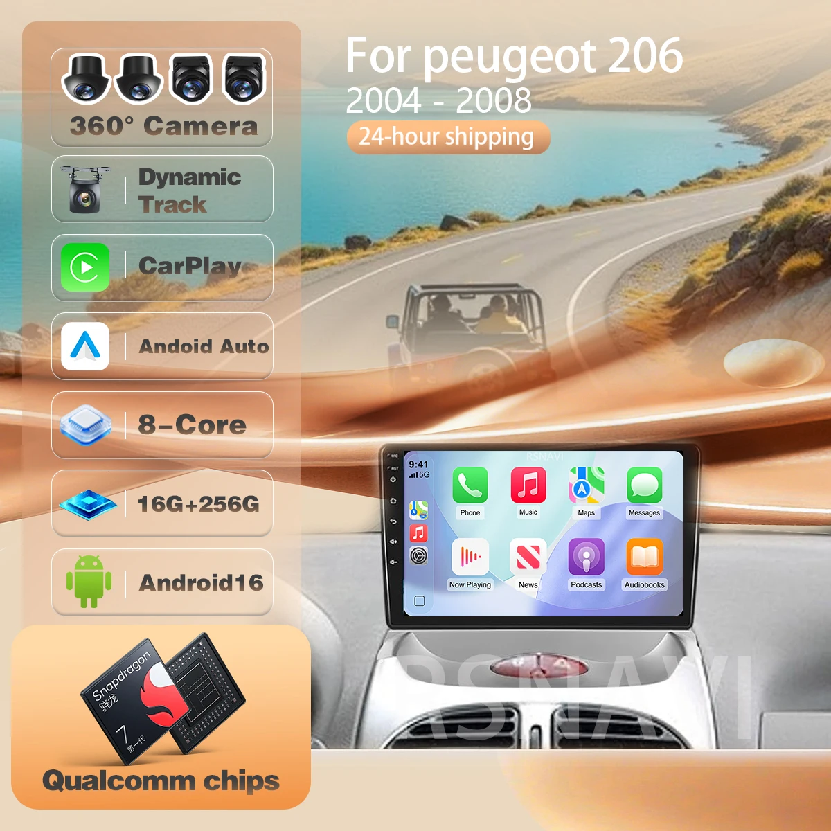 For peugeot 206 2004 - 2008 Citroen C2 2006 - 2013 Plug and Play Snapdragon Carplay Auto 2K Screen Car Radio Player Android 16