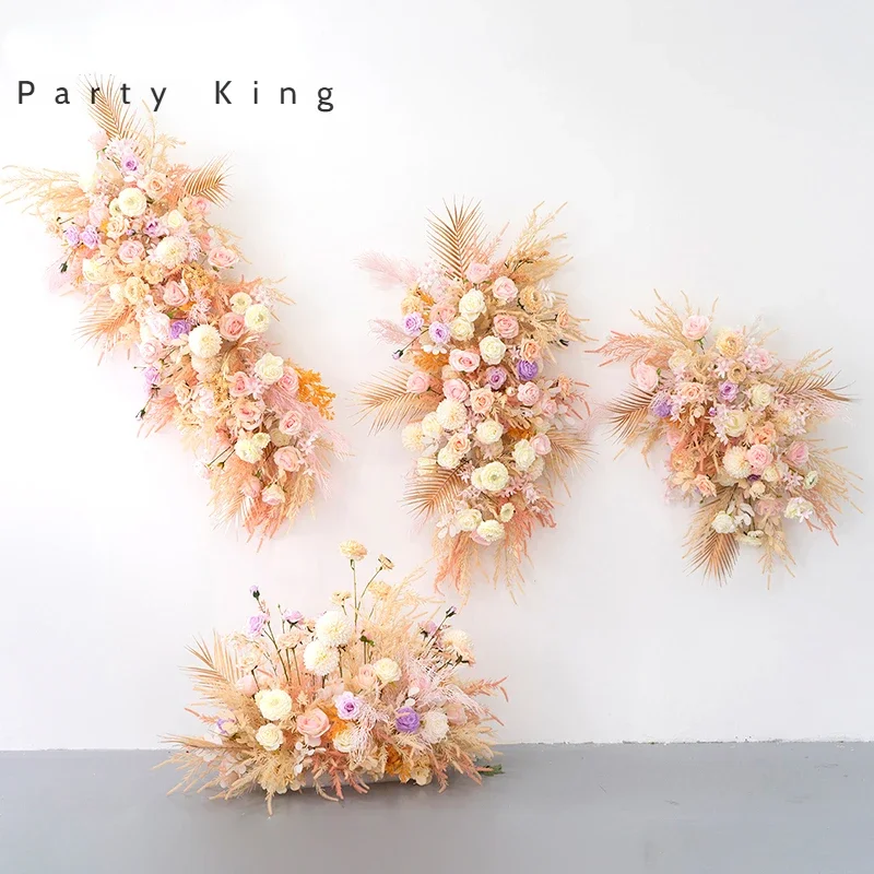 

Gold Pink Artificial Flowers Wedding Arch Floral Arrangement Hanging Flowerl Row Background Road Lead Flower Home Decor Props