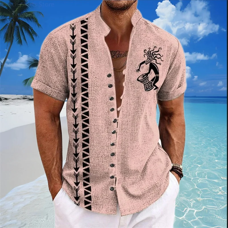

10 Colors Men's Short Sleeve Linen Shirt Fashion Retro Style Ethnic Totem Printing Comfortable Breathable Men's Tops Hawaii