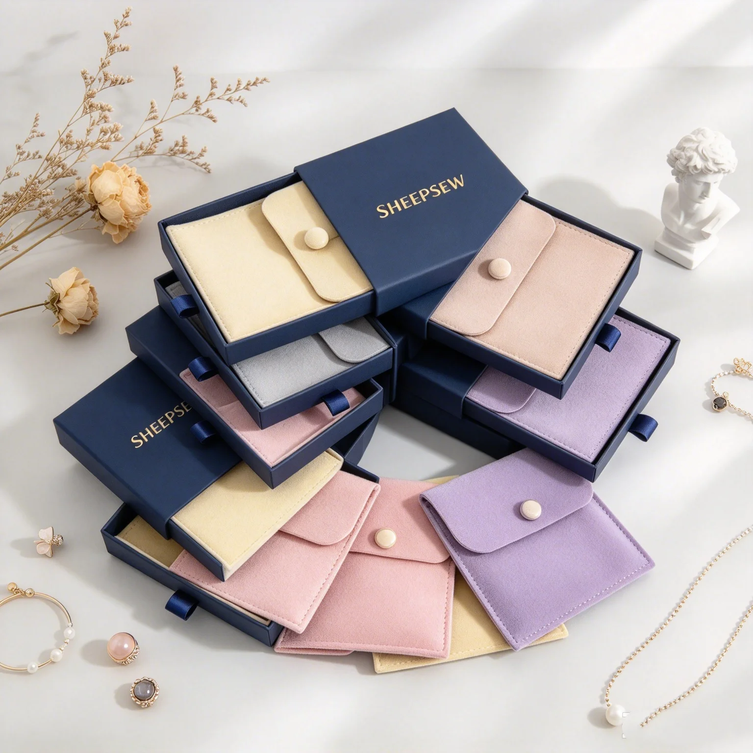 SHEEPSEW Custom Logo Navy Blue Sliding Drawer Jewelry Packaging Box with Microfiber Pouch, Elegant Storage Case for Rings Earrin