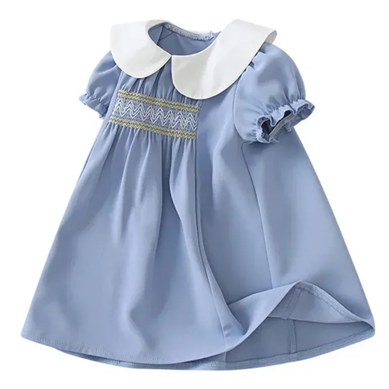 2024 Baby Kids Matching Children Birthday Party Clothes Luxurious Summer Girls Blue Ruffled Smocked Dresses Embroidery Outfit