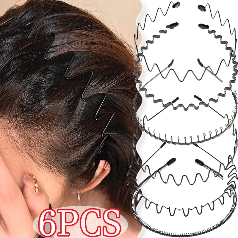 6/1 Stuks Unisex Zwart Elastisch Antislip Eenvoudige Metalen Hoofdbanden Voor Mannen Vrouwen Golvende Haarband Haar Hoepel Mode Sport Haaraccessoires