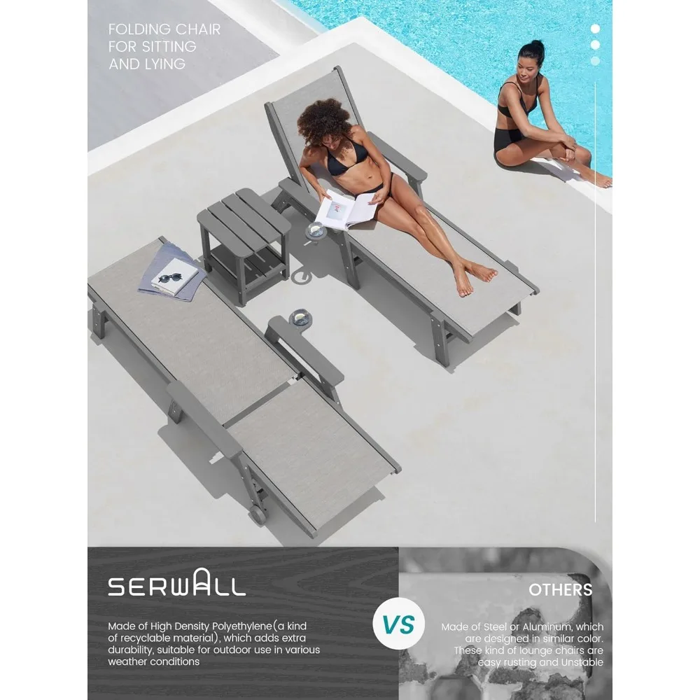 Patio Chaise Lounge Chair Set of 2, 5 Positions Outdoor Lounger for Pool, Textilene Lounge Chair with Rolling Wheels for Poolsi
