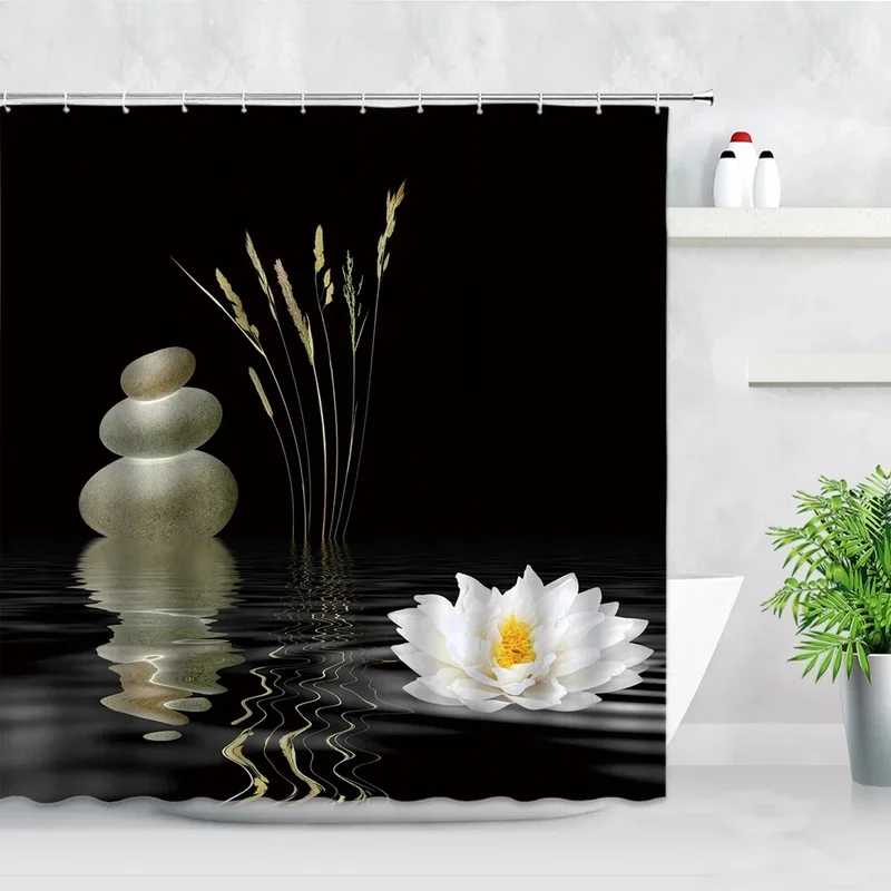 Zen Shower Curtain for Asian Bathroom Decor, Natural Grey Pebble Stone with Wild Grass Over The Pond Rippled Water Bath Curtains