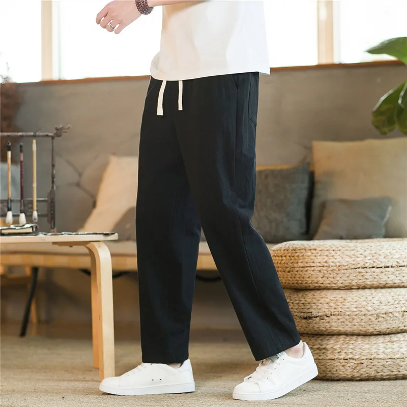 KIDWHXR Man Straight-leg Pant Summer Thin Breathable Simple Solid Drawstring Male Trousers Loose Casual Lightweight Men Pant