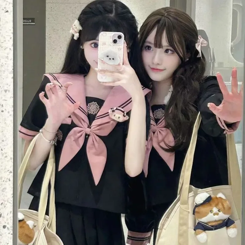 Summer Original Black Pink Sailor Suit JK Uniform Women Japanese Fashion School Uniform Suit Floral Embroidery Bow Pleated Skirt