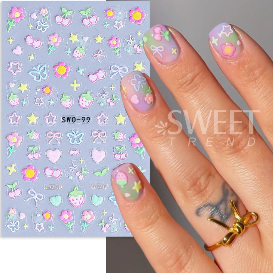 2pcs Summer Sweet Nail Stickers 3D Cute Flowers Heart Cherry Bow Strawberry Colorful Nail Decals Sliders DIY Manicure Decoration