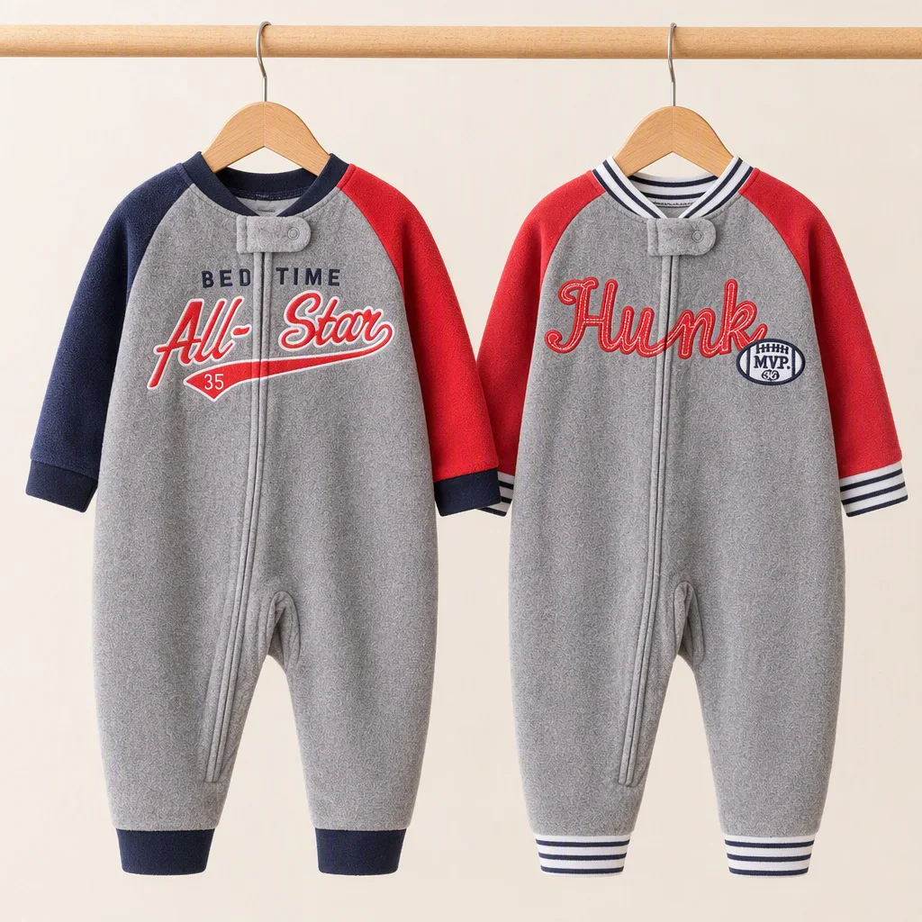 Infant Boys Polar Fleece Zip Romper American Sport Letter Embroidery Warm Autumn Winter Soft Fleece Baby Onesie Jumpsuit