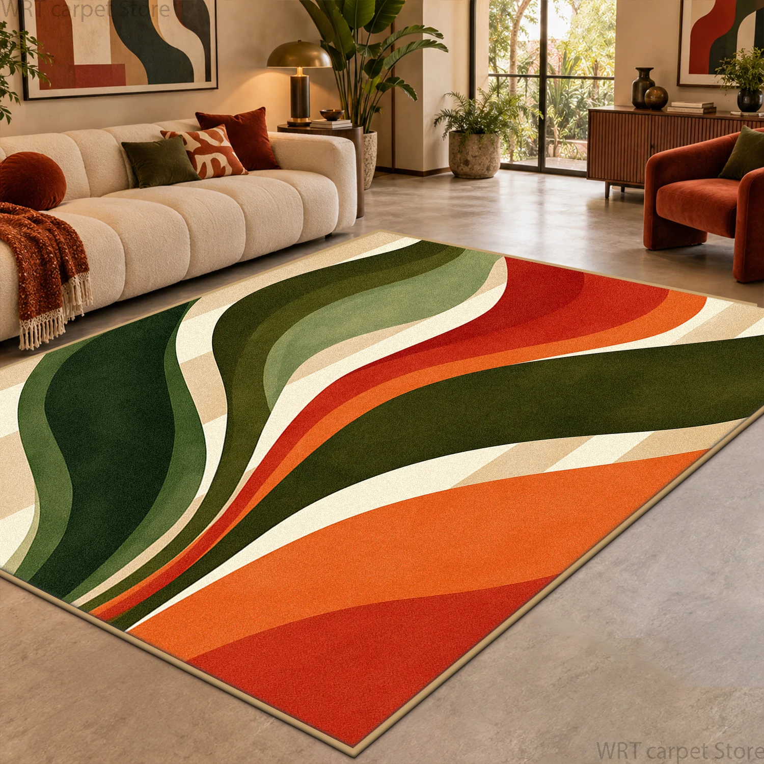 Mid-Century Modern Wavy Abstract Color Block Living Room Rug Non-slip Easy Clean Bedroom Rug Fluffy Durable Large Size Floor Mat