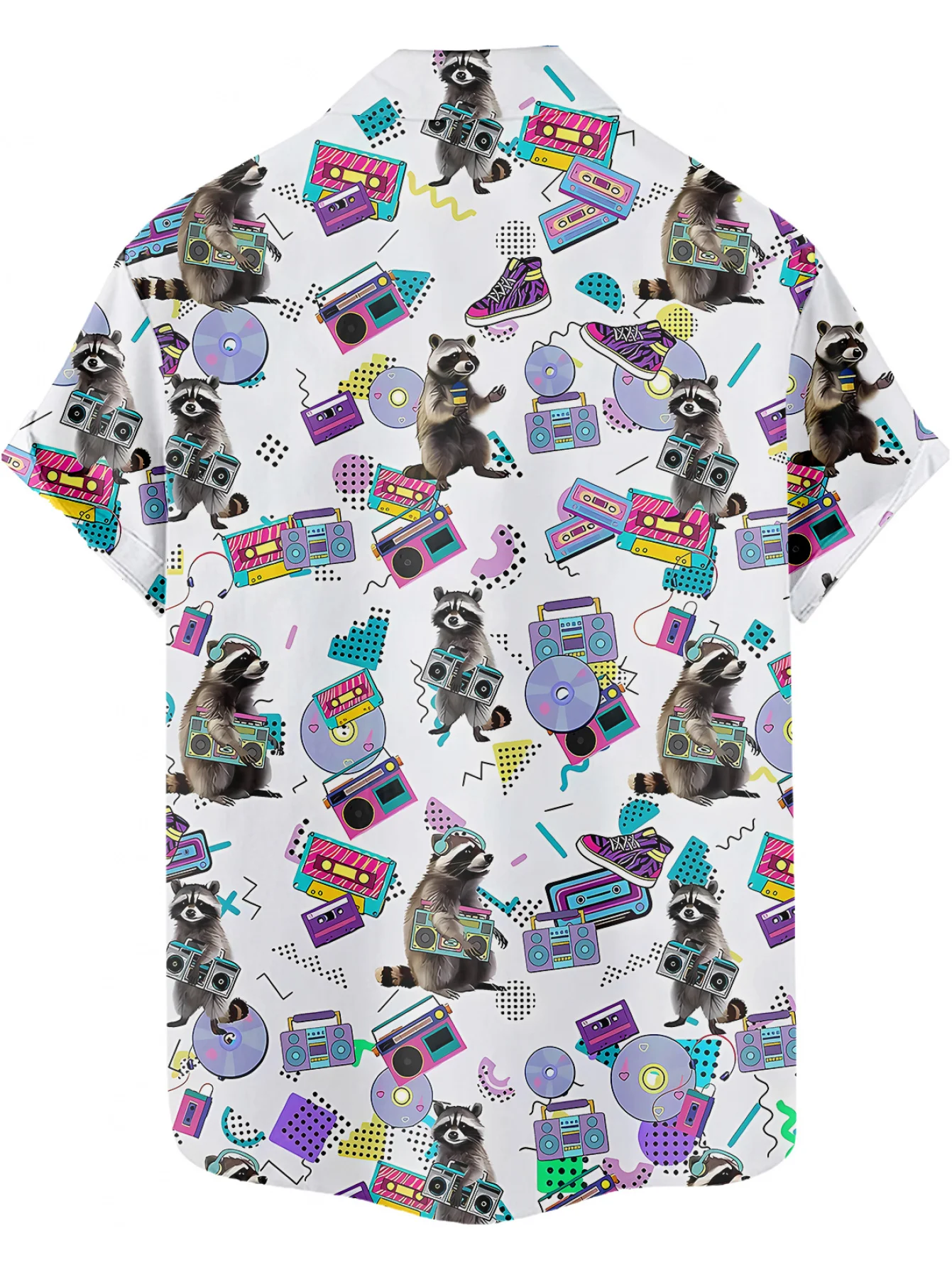 Men Short Sleeve Shirt Retro Raccoon Boombox Music Print Turn‑Down Collar Button‑Up Beach Summer Top