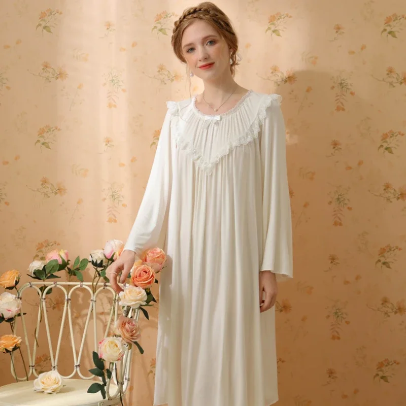 

Fairy Nightwear Sweet Loose Nightgown Women Long Sleeve Robe Modal Cotton Princess Sleep Wear Dressing Gown Vintage Night Dress