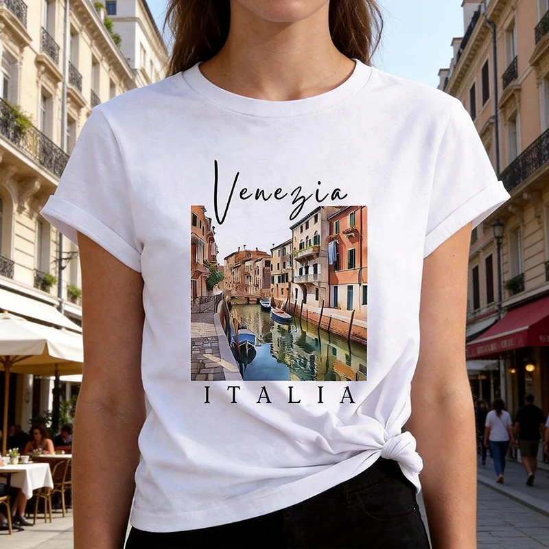 Venice Italy Letter Print T-shirt Women's 90s T Shirt Girl Short Sleeve Crew Neck Casual Tees Tops for Summer Spring Clothing