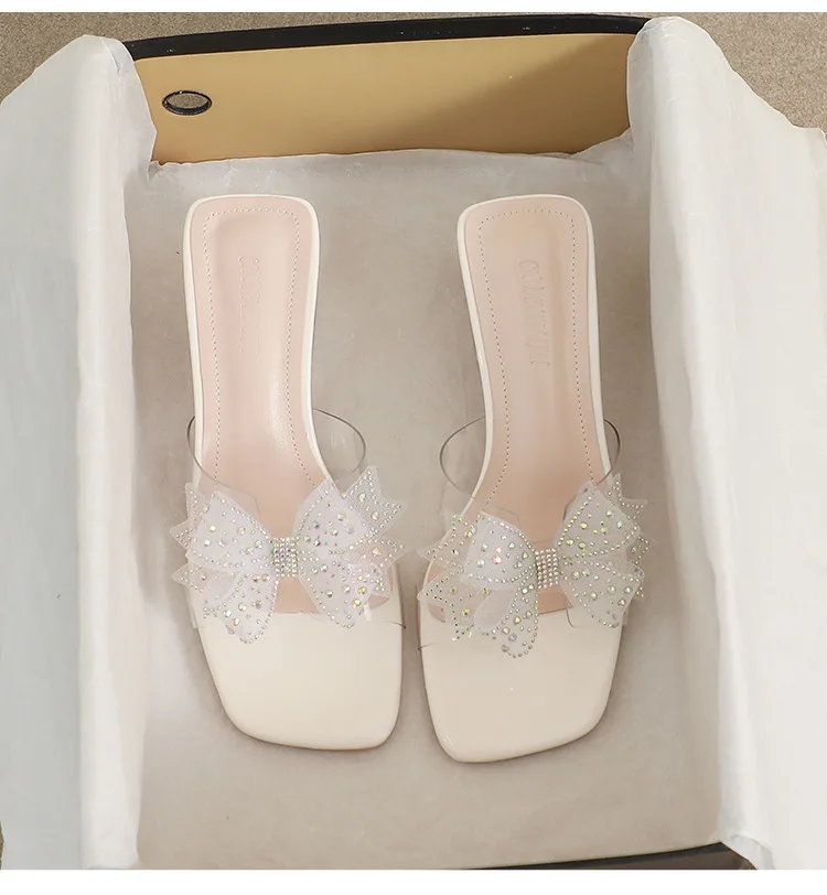 Rhinestone Bow High Heel Slippers Summer 2023 French Style High Grade Crystal  34-40 Small Women's Shoes