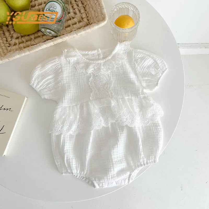 

New 2022 Infant Baby Girls Short Sleeve Pure Color Jumpsuit Summer Baby Girls Lace Clothes Rompers Kids Baby Girl Rompers