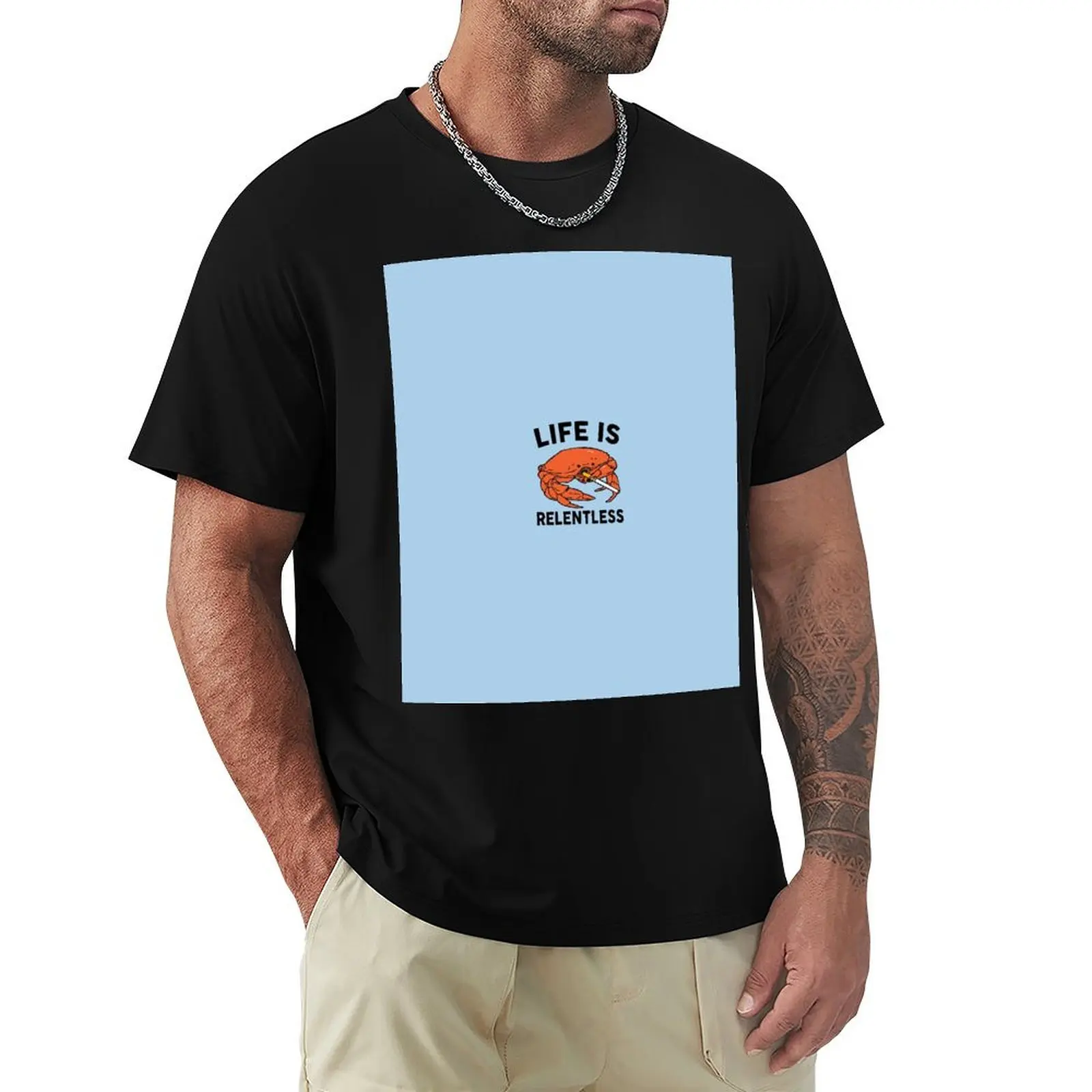 Crab Smoking Life Is Relentless Sticker T-Shirt Simple Casual Short Sleeve Tee