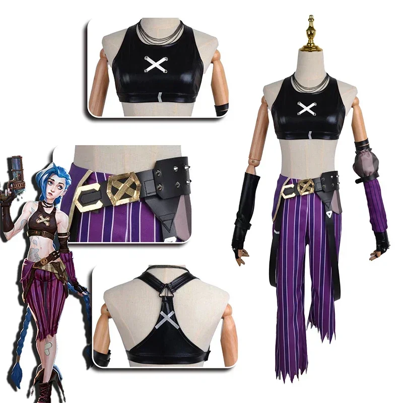 Arcane Loli Jinx Anime Cosplay Costume para Mulheres, Peruca, Etiqueta do Tatuagem, Uniforme, Roupas Sexy, Halloween, Carnaval, Meninas