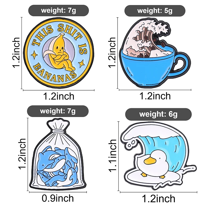 Ocean Wave Duck Banana Slogan Whale Enamel Pins Cute Cartoon Metal Brooches Fashion Lapel Badge Backpack Clothes Jewelry Gift