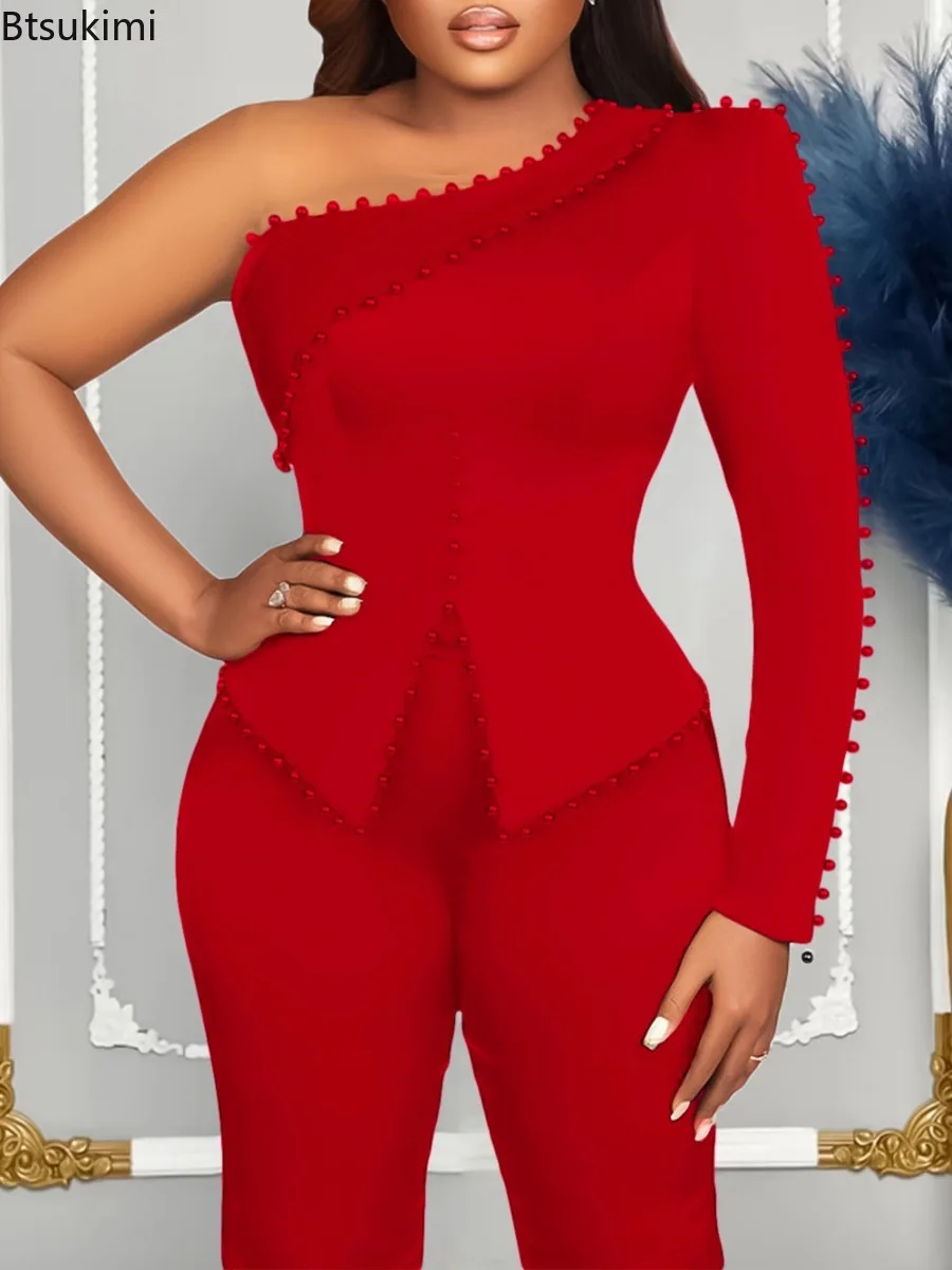 2026 Elegant Women Matching Sets One-Shoulder Beaded Long Sleeve OL Bodycon Top+Pants Two-pieces Sets African Clothing for Women