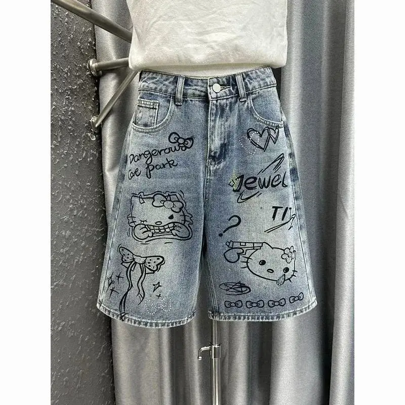 Straight-Leg Mid-Pants 2026 Summer Hello Kitty High-Waist Slim Wide-Leg Sanrio Hot Diamond Denim Five-Quarter Pants for Girls