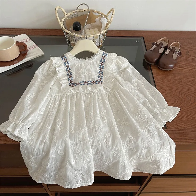 

Girls Dress 2025 Autumn Spring Korean Style Fashion Sweet Cute Lace Flowral Embroidery Long Sleeve One Piece Dress