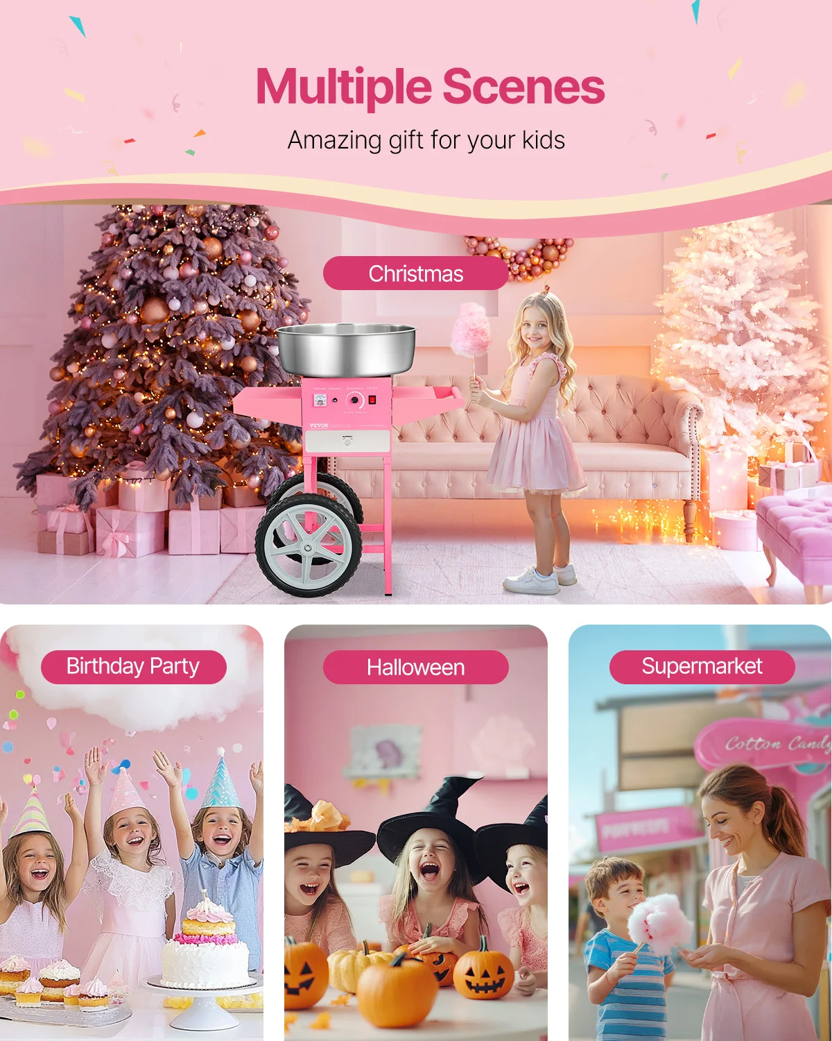 SucceBuy 전기 솜사탕 기계 카트 1000W 상업용 캔디 플로스 메이커 가족 파티를위한 스테인레스 스틸 그릇