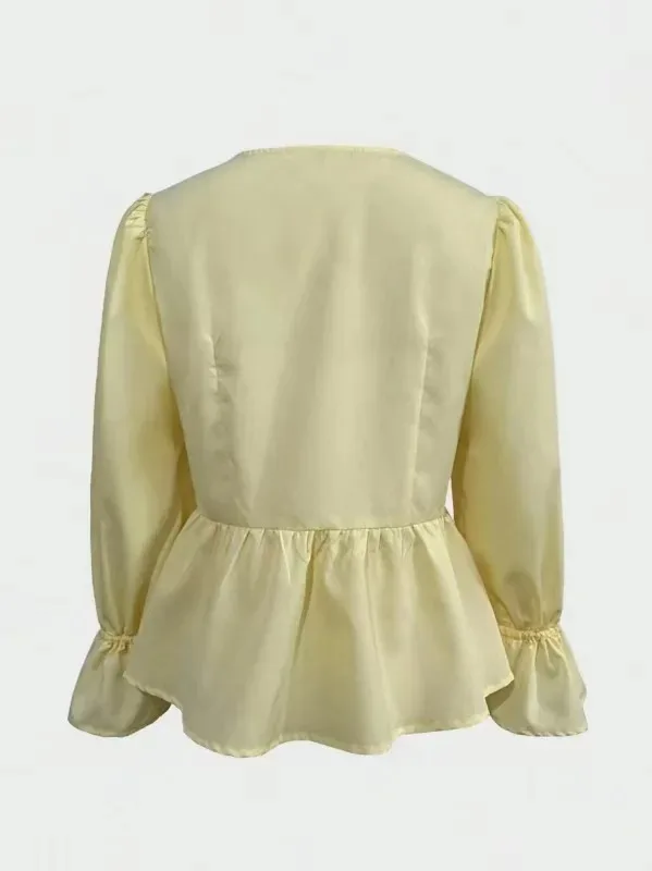 Immagine 4: 2025 Nuove magliette da donna autunno e inverno Camicia casual con maniche a sbuffo e scollo a V pieghettate con lacci