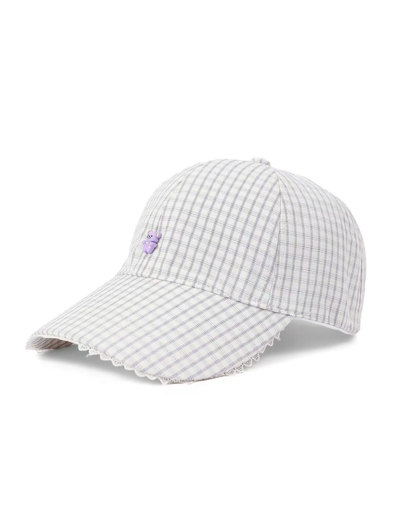Cute Bear Baseball Cap for Women, Trendy Brand, Lace, Check Pattern, Sweet and Versatile, Duckbill Hat.