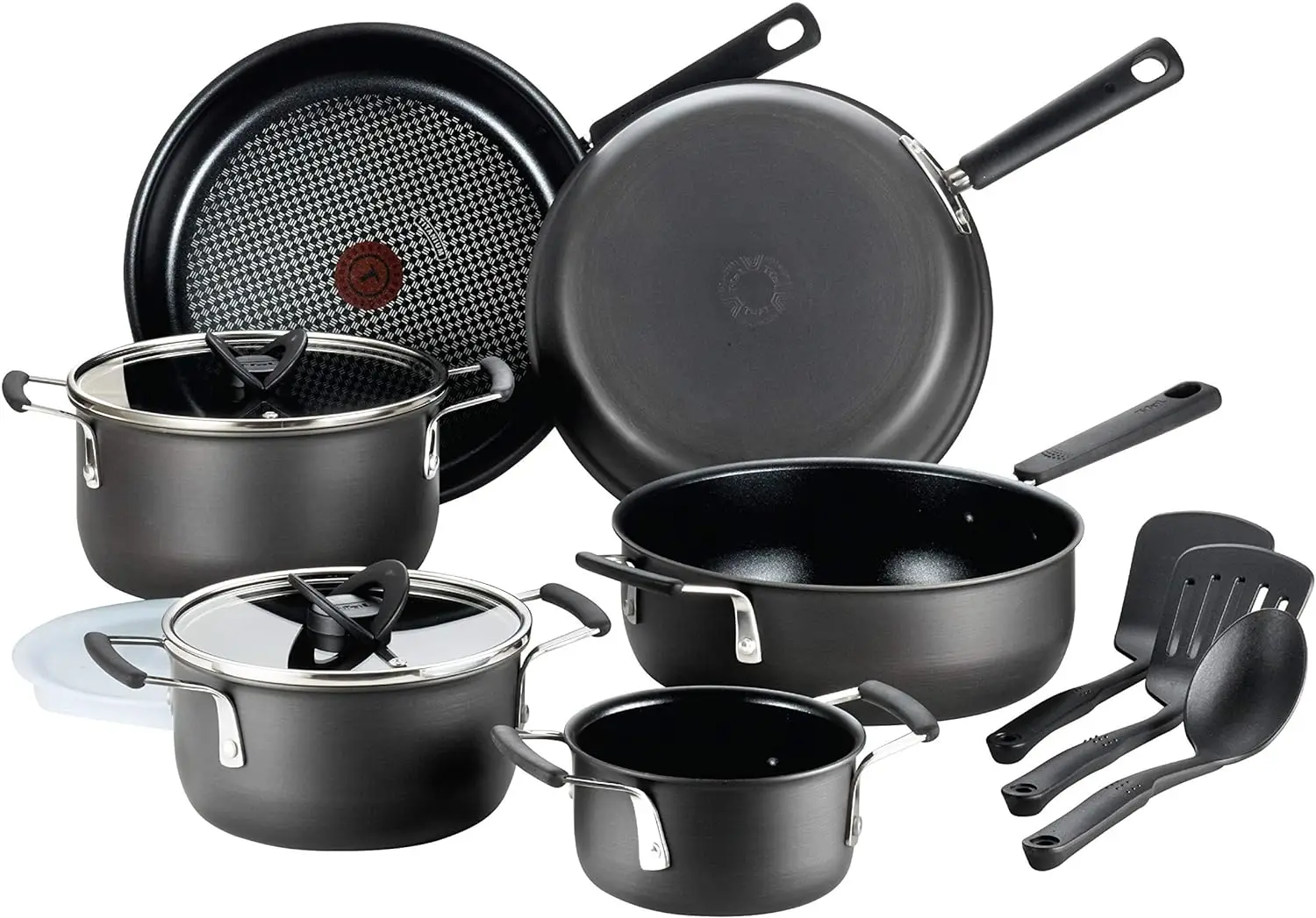 T-fal All In One Hard Anodized Nonstick Cookware Set 12 Piece Pots and Pans, Dishwasher Safe Black