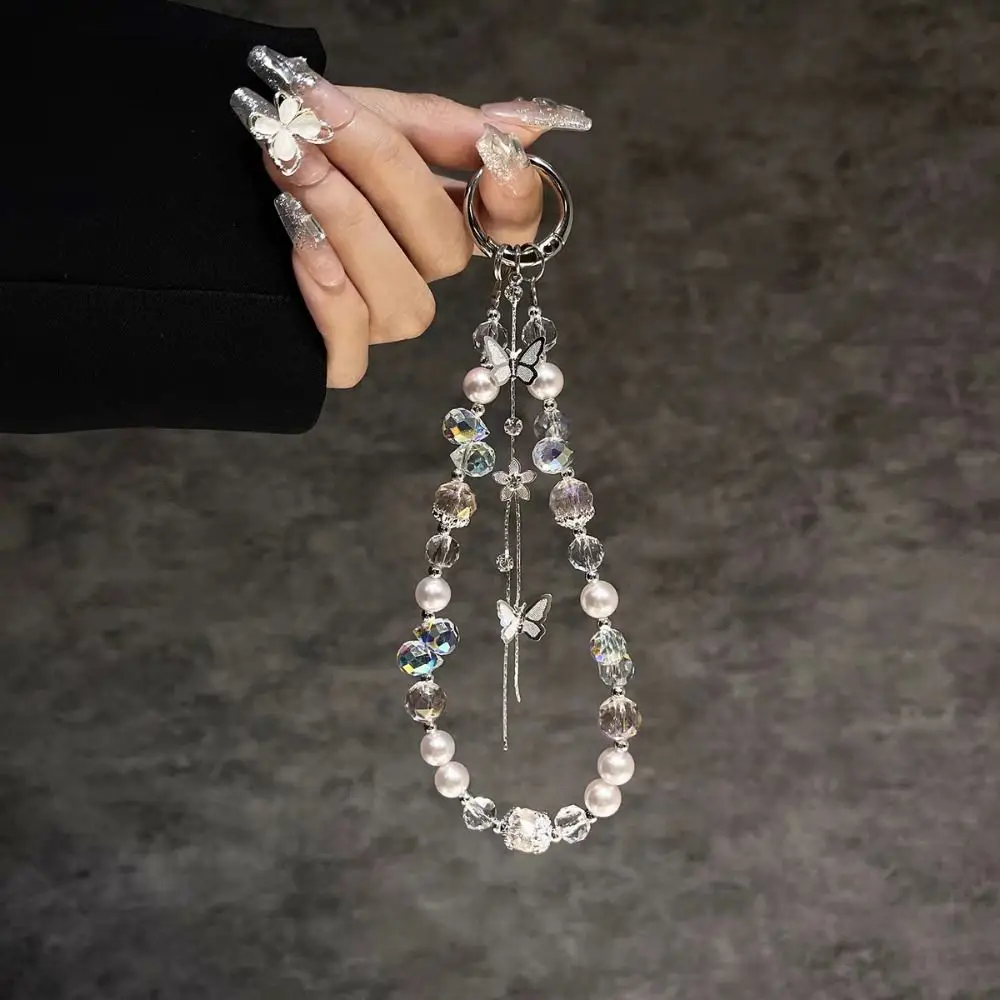 

Pearl Bling Crystal Phone Chain Short Anti-lost Tassel Butterfly Phone Lanyard Beaded Jewelry Phone Case Wrist Strap