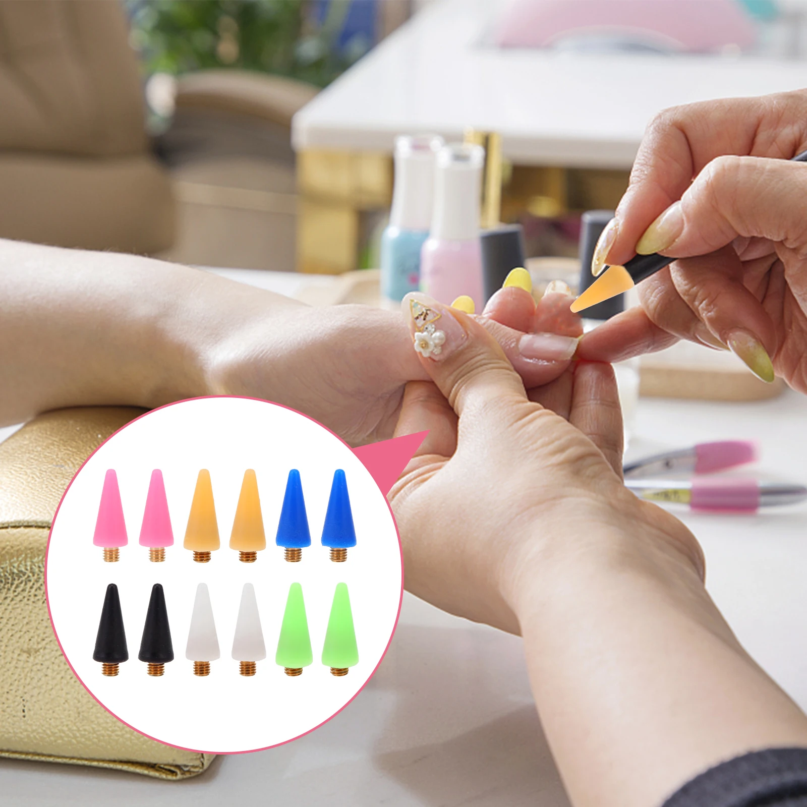 

12pcs Wax Replacement Head Nail Dotting Pen Rhinestone Picker Tip Point Drilling Heads White Black Yellow Blue Pink Green