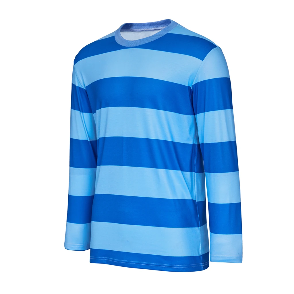 Josh Cosplay Blue Striped Shirt Blue's Clues Costume Adult Men Casual Basic Long Sleeve T-shirt Carnival Party Daily Top