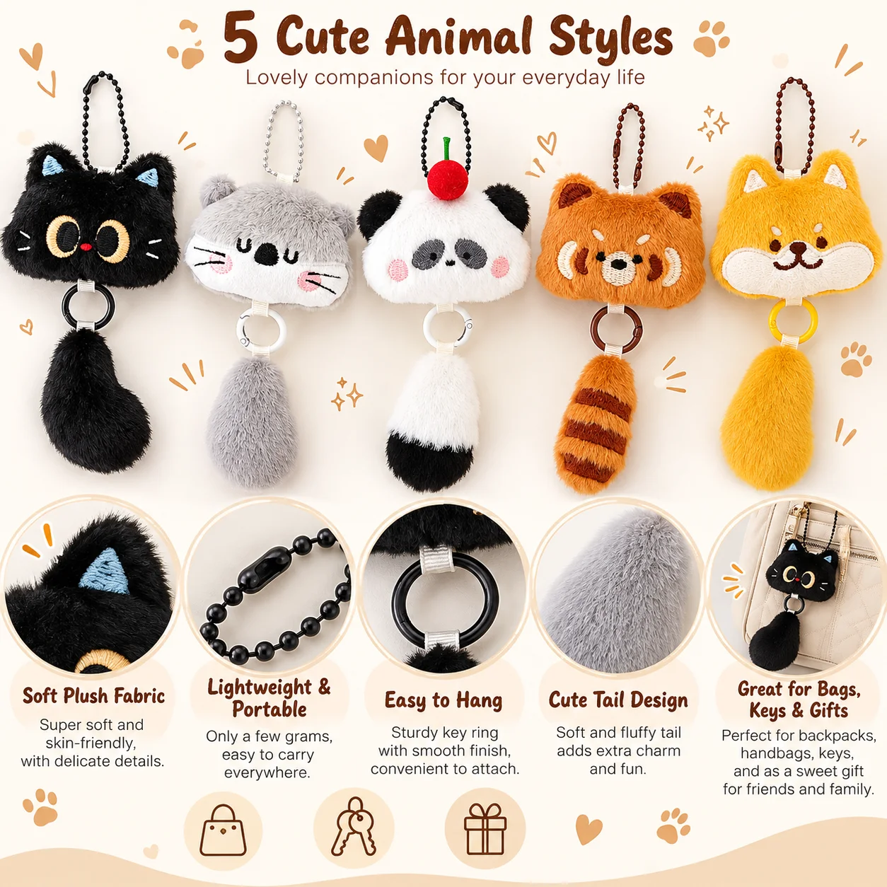 Animal Tail Keychain with Beaded Chain, Cute Kawaii Pendant, Versatile Bag Charm for Girls