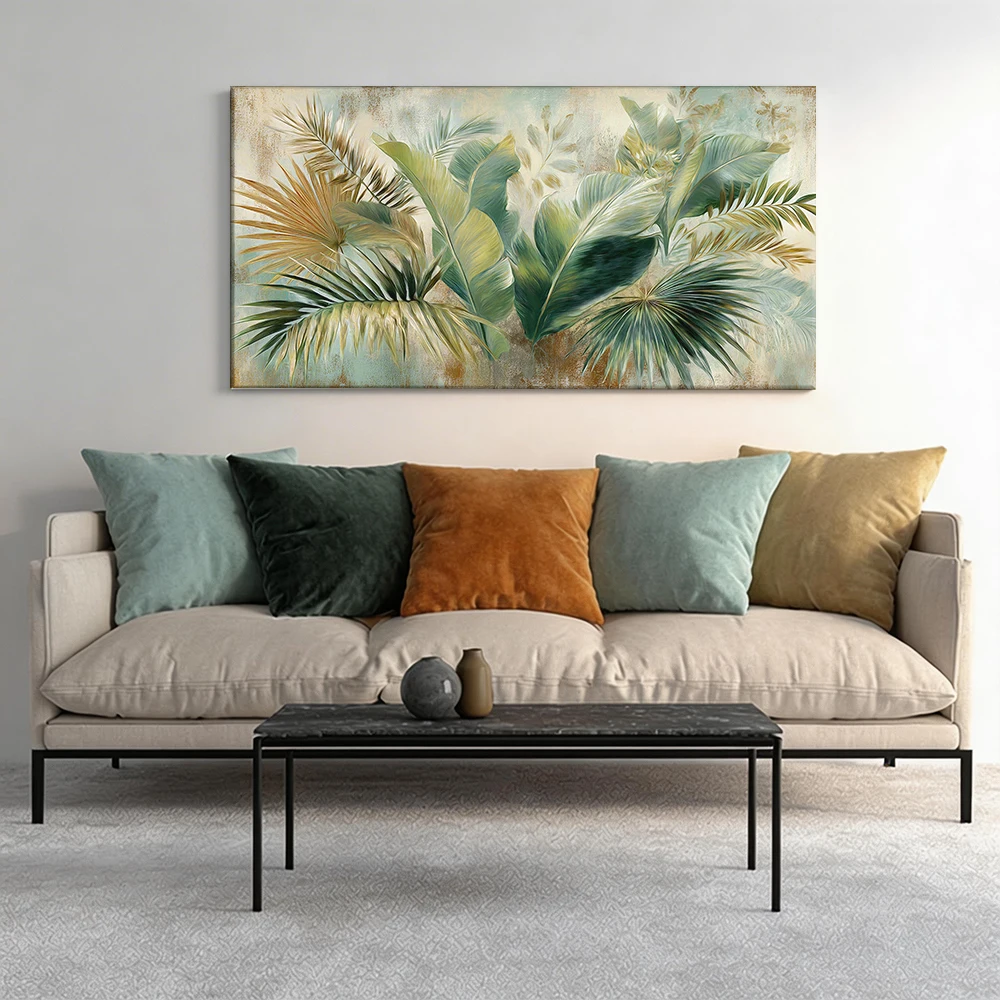 

Large-sized solid wood frame canvas painting 1pc Tropical leaf artwork for home.
