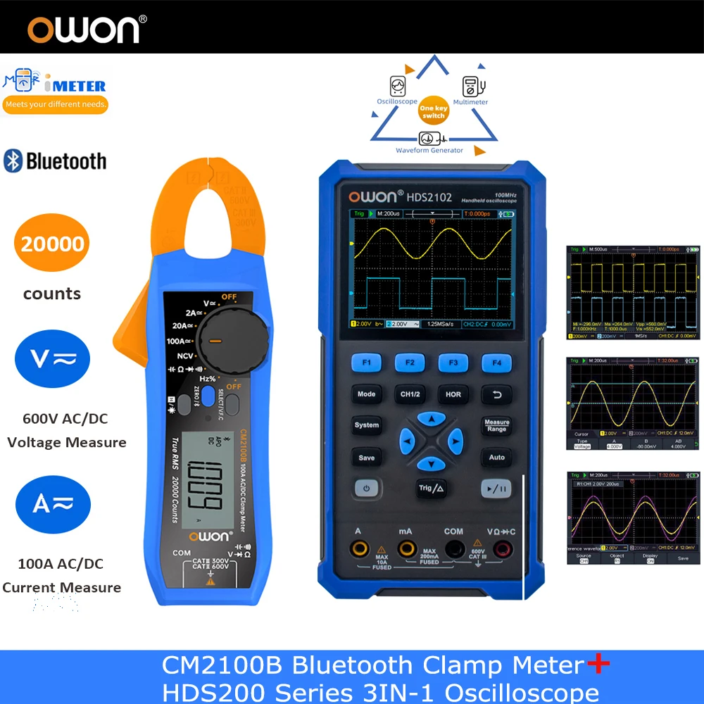 Owon HDS200 Series 3 in-1 Oscilloscope Built-in 18650 Lithium Battery USB Type-c Multiumeter Support SCPI Waveform Generator