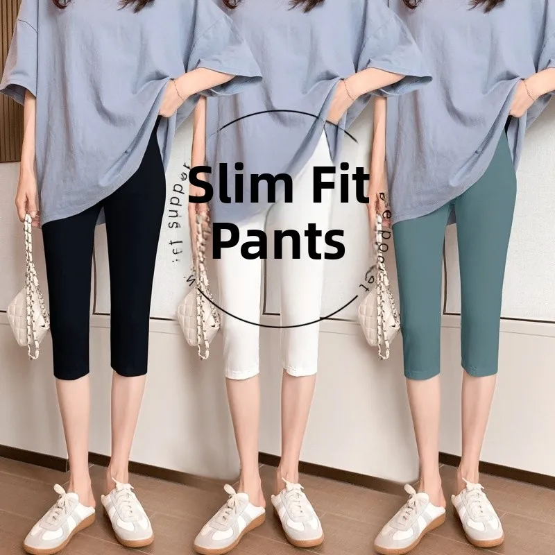 High Waist Modal Women's Summer Tight Fit Anti-Light Seven-Foot Pants Thin Elastic Slimming Large Size Pure Color Base Pants