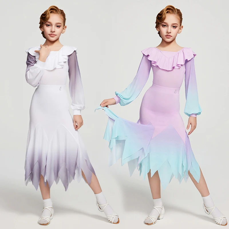 

Gradient Color Latin Dance Clothes Girls Kids Latin Dance Practice Dress Performance Clothing Long Sleeves Tops Skirt DNV23484