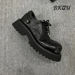 BKQU Formal British Style Tilt Head Derby Shoes Men Fashion Thick Soles Business Inside Increase Big Head Commuter Casual Shoes