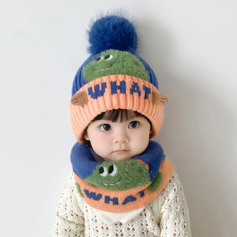 Baby Hat Winter New Cute Dinosaur Knitted Beanies Cap+Scarf 2pcs Infant Toddler Warm Thicken Hooded Hats Cartoon Children Sets