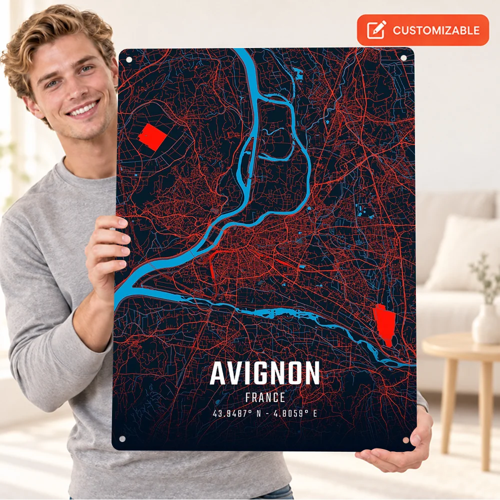 Avignon City Map Aluminum Poster Retro Bold Contemporary Illustration Bedroom Wall Art Personalized Metal Sign Wanderlust Gift