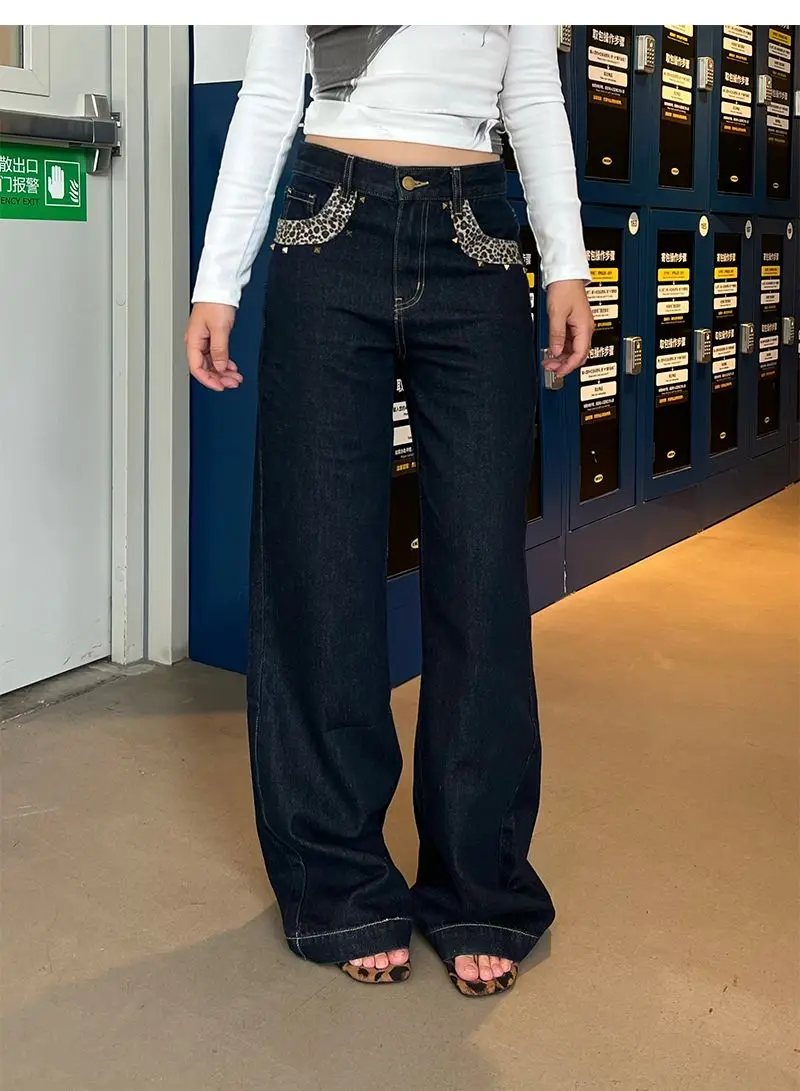 

Harajuku уличная одежда винтажные джинсы с леопардовой вышивкой женские свободные широкие джинсовые брюки с высокой талией Y2K мешковатые брюки с принтом