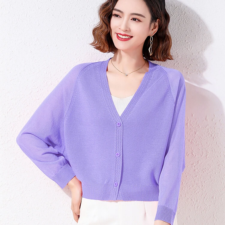 

High Quality Summer Thin Outerwear Cardigan Shawl Women's 2024 New Ice Silk Knitted Sweater Small Jacket