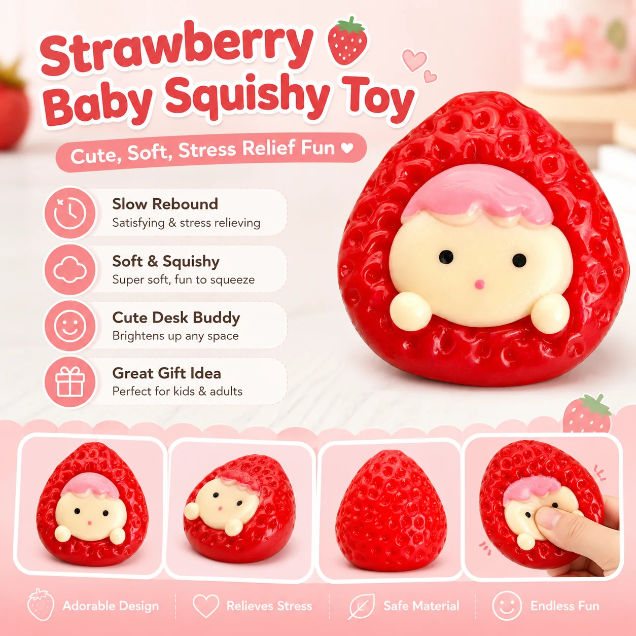 1pc Cute Strawberry Baby Slow Rebound Squishy Toy Soft Squeeze Stress Relief Fidget Toy Kawaii Fruit Cartoon Desk Ornament Relax Small Gift For Kids Adults Office School Daily Decompression