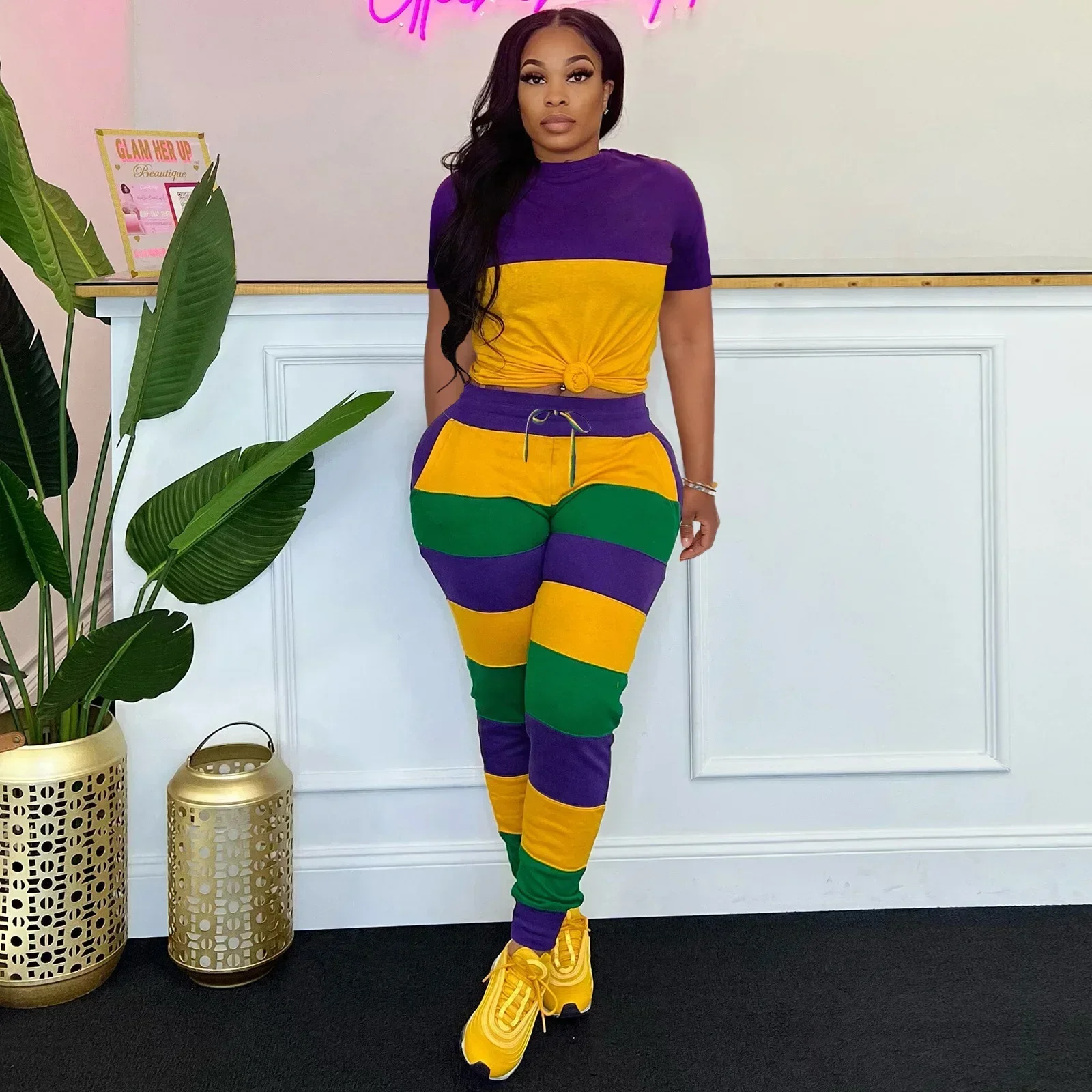 Striped Patchwork Women's Set Short Sleeve T-shirt and Jogger Pants Suit 2025 Active Two 2 Piece Set Outfit Tracksuit