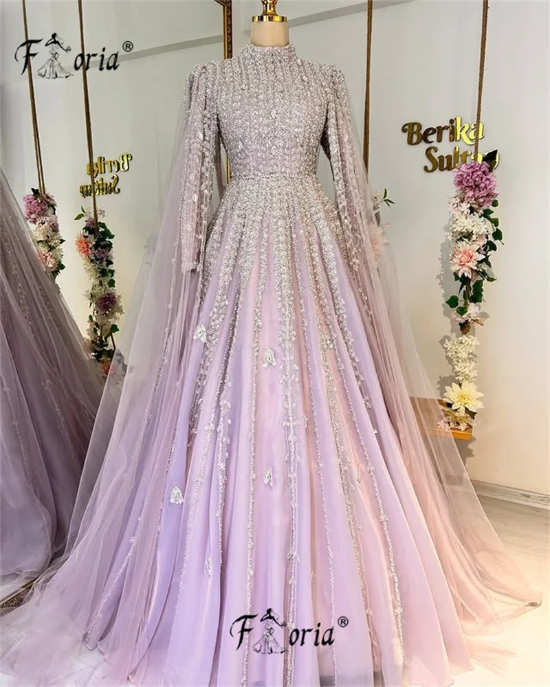 Muslim Woman Full Beads Long Sleeve Evening Dresses with Cape Dubai Arabia Kaftan Formal Party Dress Customized Wedding Gown New