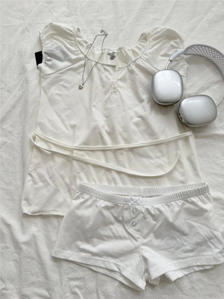 White Back lace-up T-shirt Shorts 2 Pieces Sets Women Cotton Slim Buttons Crop Top+Bow Home Shorts Sweet Two Piece Clean Outfit