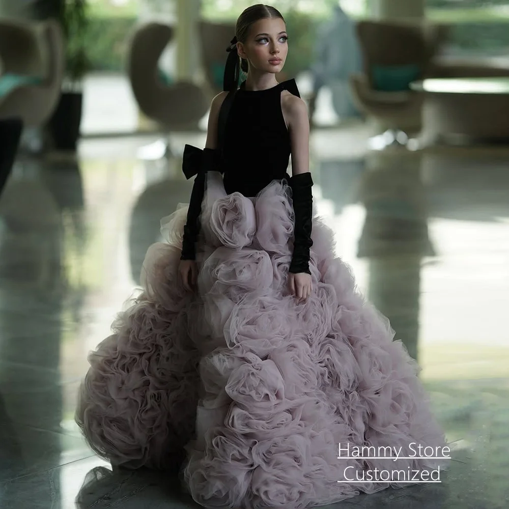 

Customized Flower Girl Dress Gorgeous Halter Long Sleeves Bow Ruffles Flowers Sweep Train Girls Party Gown for Birthday