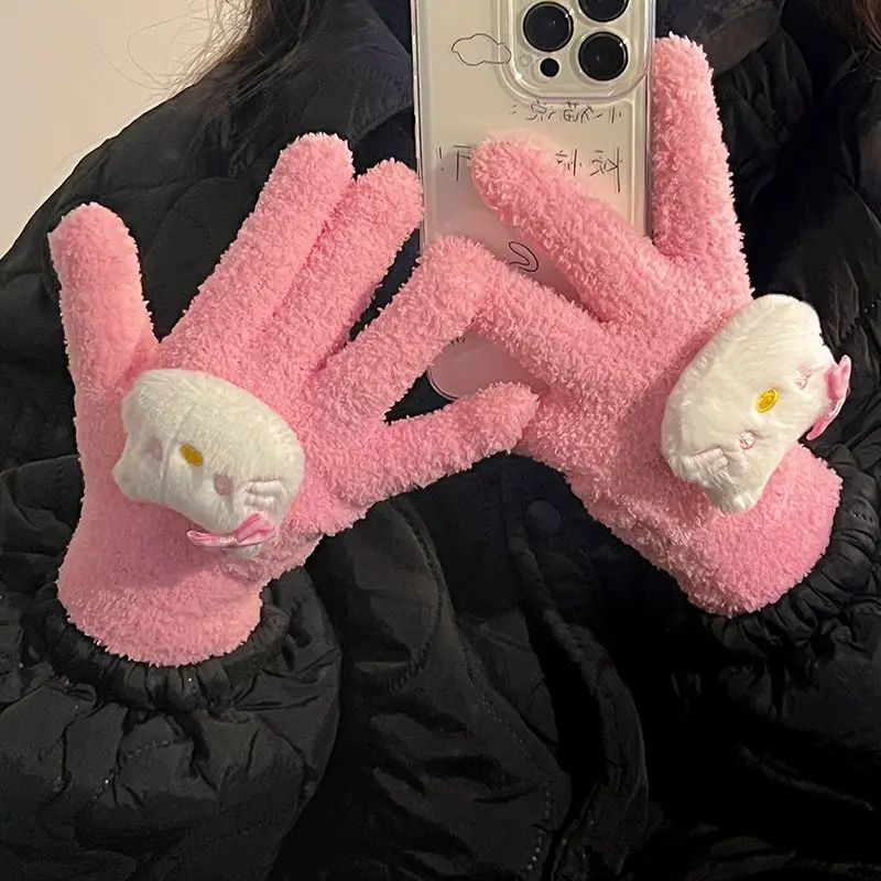 Hello Kitty Glove MINISO Anime Peripheral Cute Solid Color Cartoon Fashion Versatile Finger Gloves Winter Warm Cold Proof New