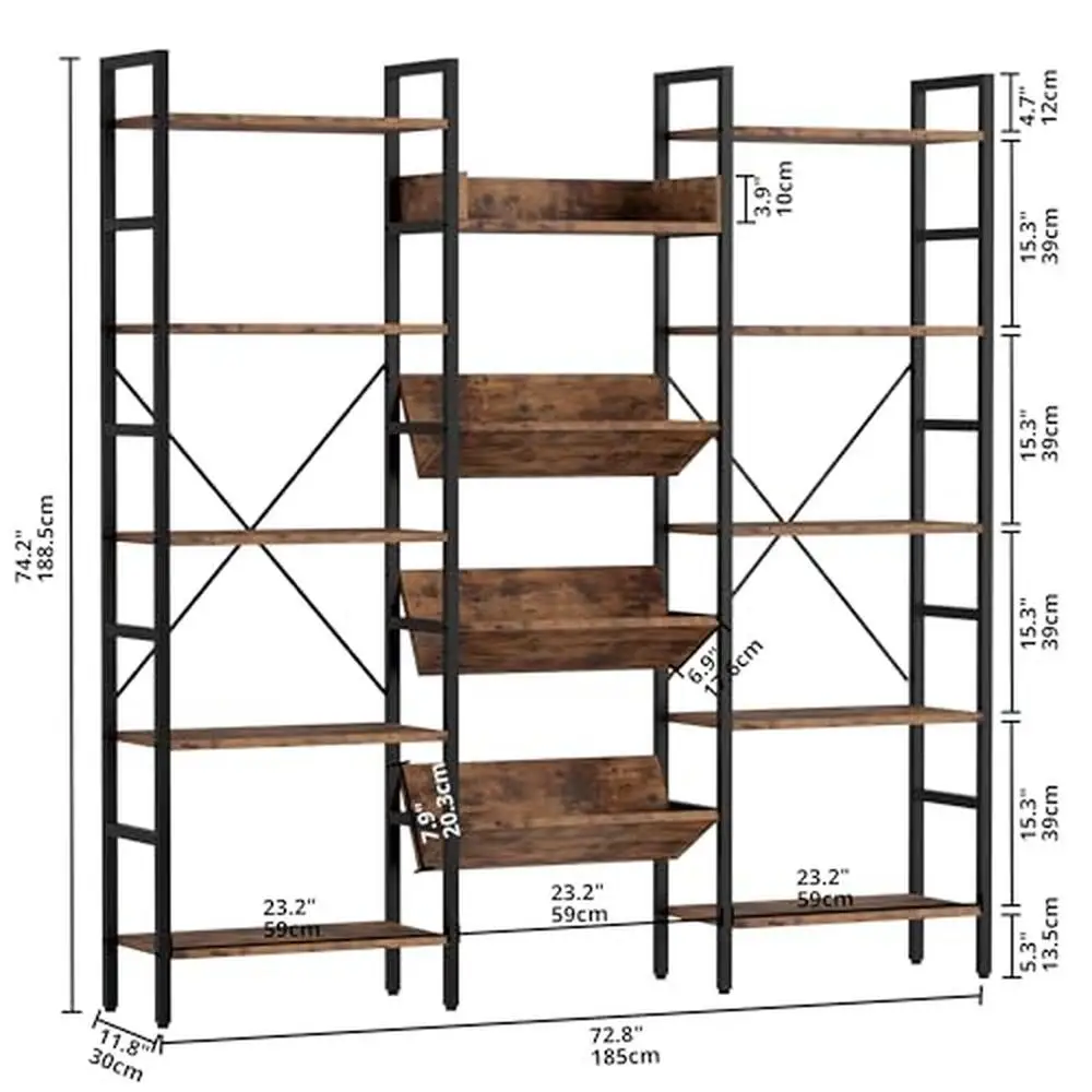 Estante Industrial com Prateleiras Ajustáveis, Moldura De Ferro, Placa De MDF, Montagem Na Parede, Rack De Exposição Retangular, Triplo Amplo Aberto, 5 Camadas